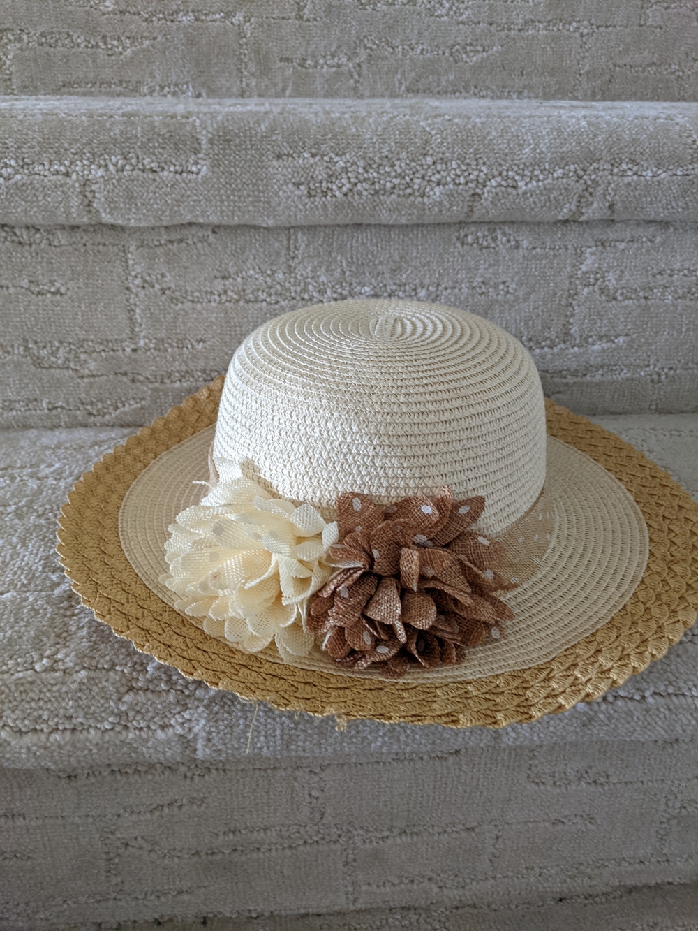 Marciano Two-Tone Straw Sun Hat with Floral Trim - Cream & Tan